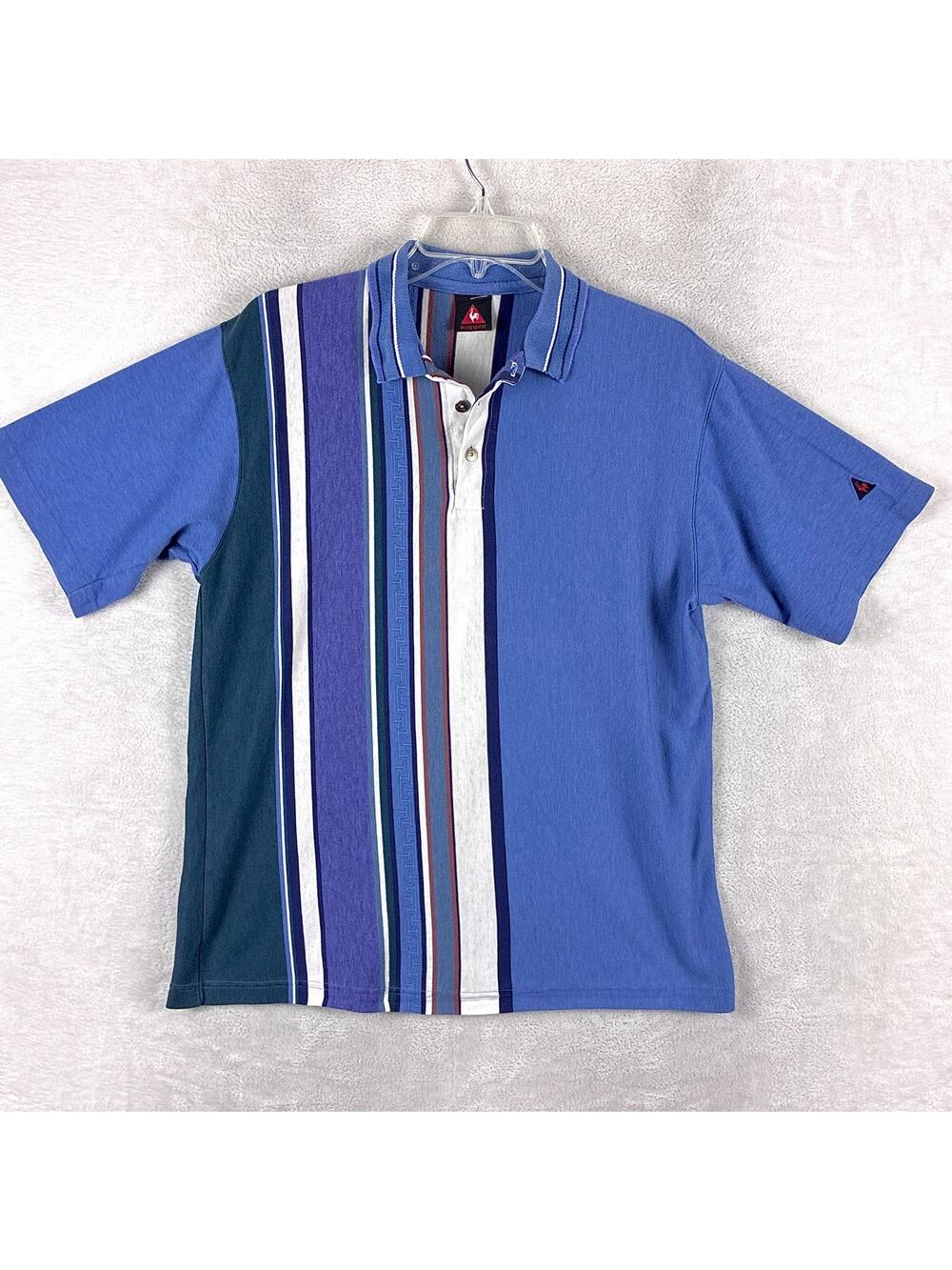 VTG Le Coq Sportif Polo Shirt Mens L Blue Stripe Preppy Tennis Golf 90s USA